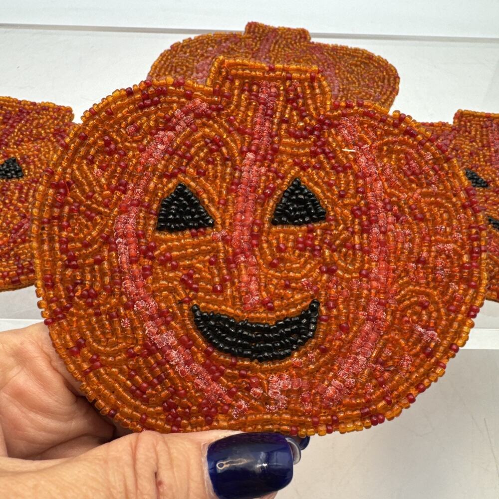 Vintage Halloween Beaded Pumpkin Jack-O'-Lantern Coasters Set of 4